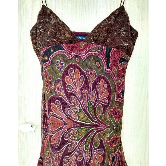 Vintage Ralph Lauren Silk Beaded Dress Flowy Slip Asymmetrical Fairy 90s y2k S 6 - Picture 4 of 12